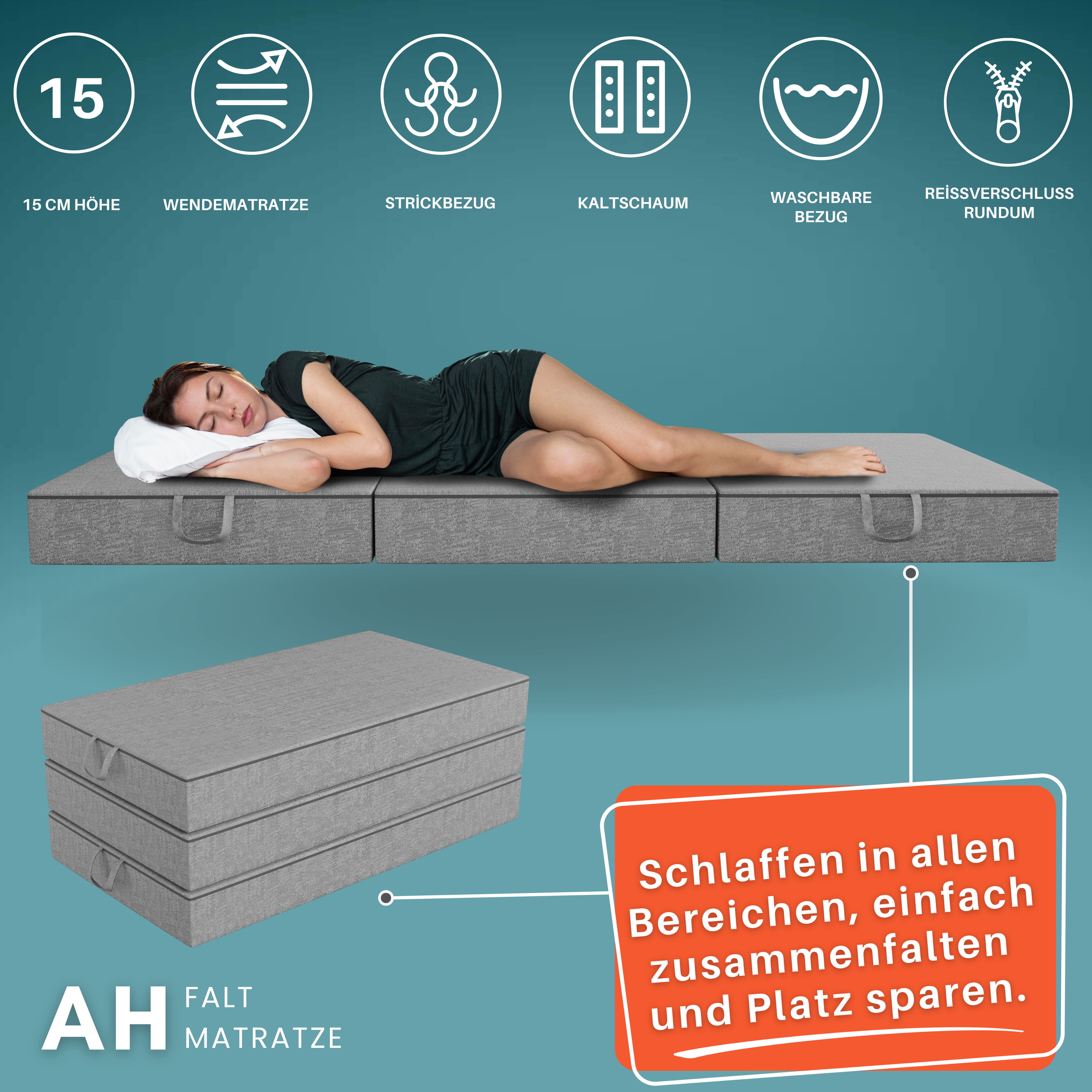 AH-FALT Klappmatratze – 15 cm Dick, Faltbare Kaltschaummatratze, Gästematratze