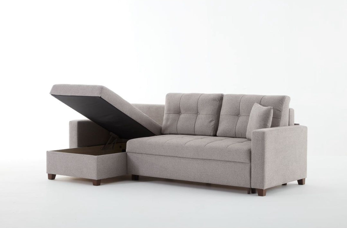 Mocca corner sofa with sleeping function and bed box, L-shaped, sofa bed with bed function, including 3 back cushions and 2 armrest cushions