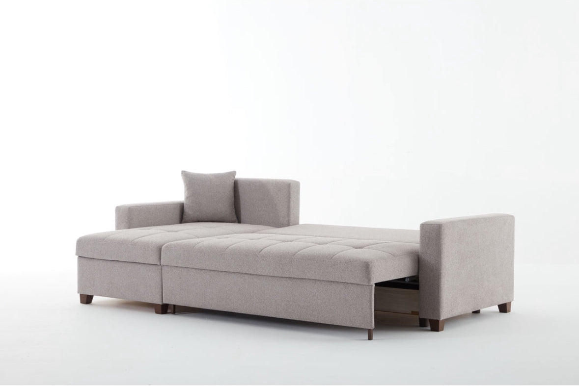 Mocca corner sofa with sleeping function and bed box, L-shaped, sofa bed with bed function, including 3 back cushions and 2 armrest cushions