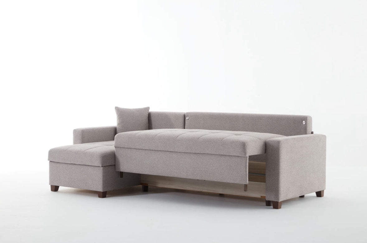 Mocca corner sofa with sleeping function and bed box, L-shaped, sofa bed with bed function, including 3 back cushions and 2 armrest cushions