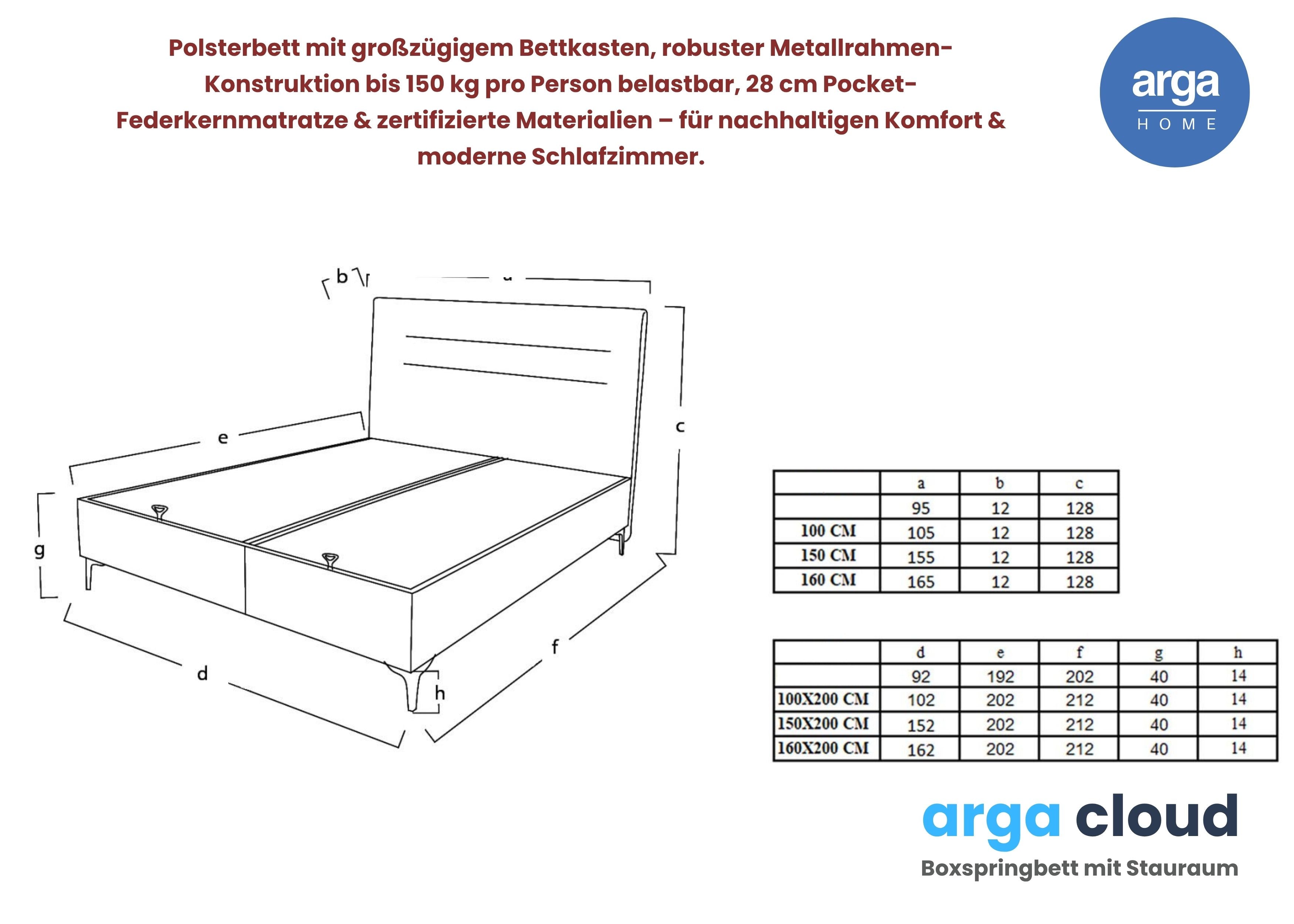 A CLOUD Boxspringbett mit Stauraum & 28 cm Pocket-Federkernmatratze. Stauraumbett Stabiler Metallrahmen
