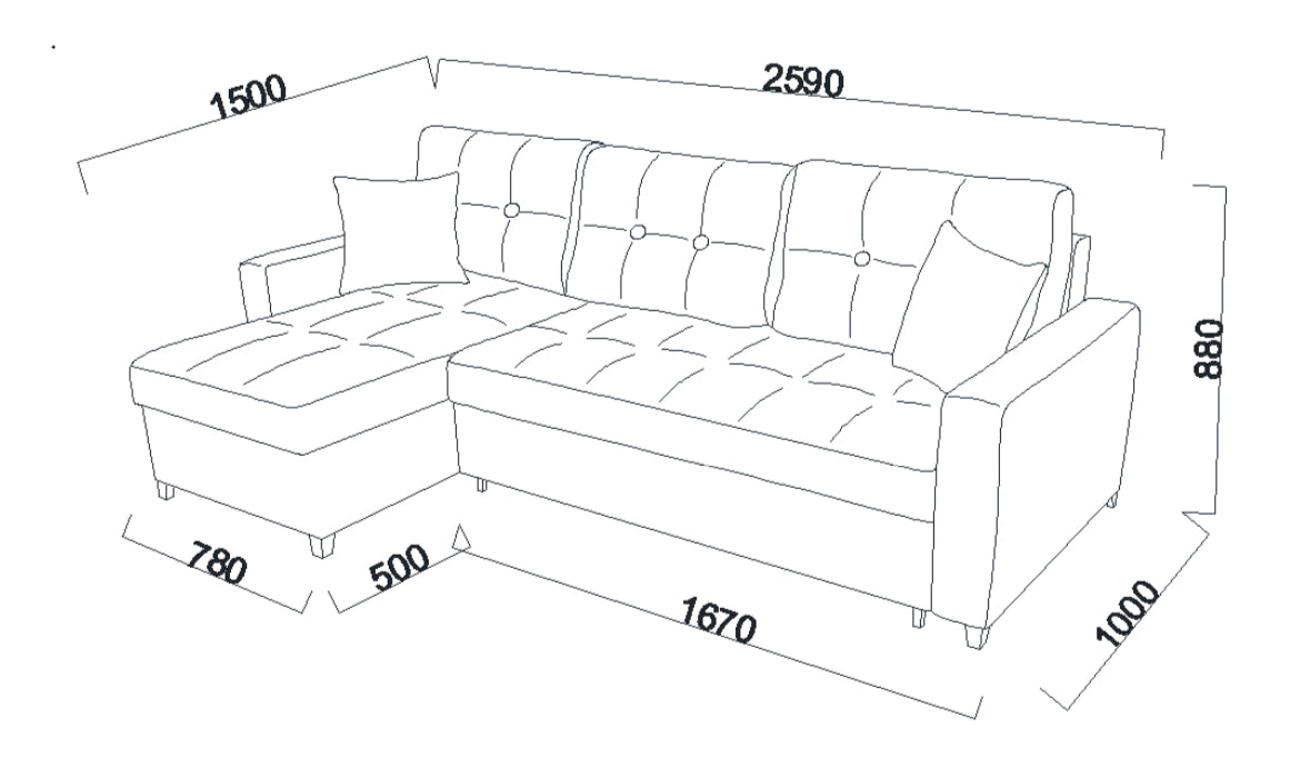 Mocca corner sofa with sleeping function and bed box, L-shaped, sofa bed with bed function, including 3 back cushions and 2 armrest cushions