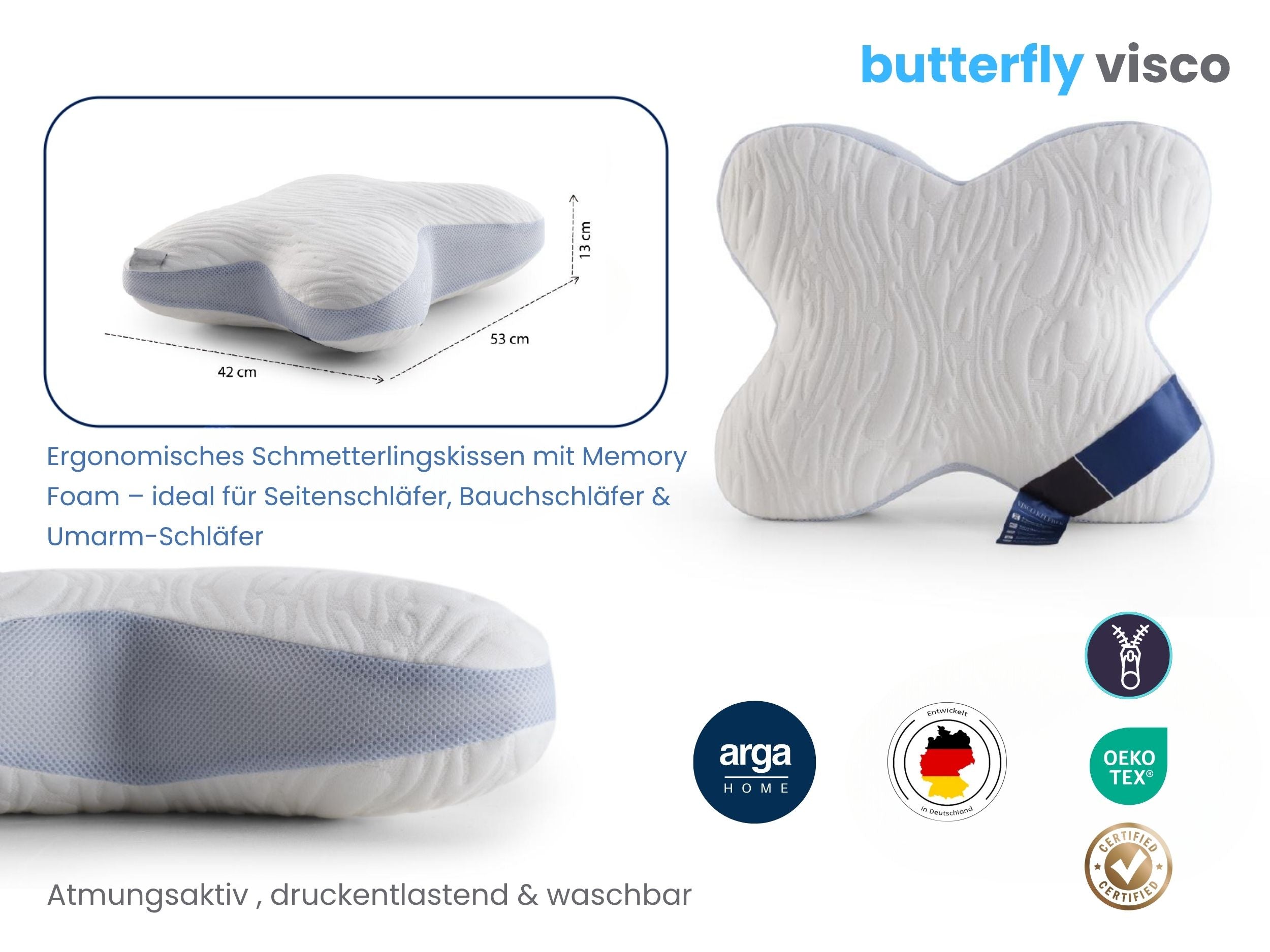 AH Butterfly Visco Kissen – Viscoschaum Nackenkissen mit ergonomischer Butterfly-Form