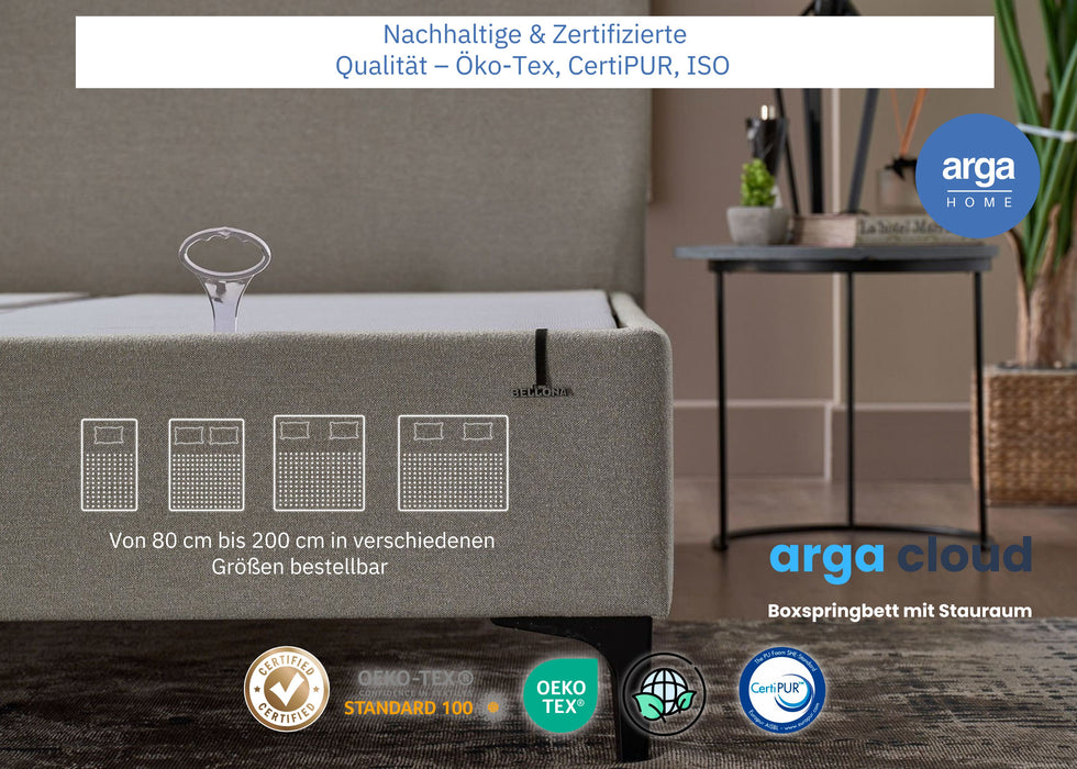 A CLOUD box spring bed with storage space &amp; 28 cm pocket spring mattress. Sturdy metal frame, certified according to FSC®, ZertiPur®, and Ökotex®.