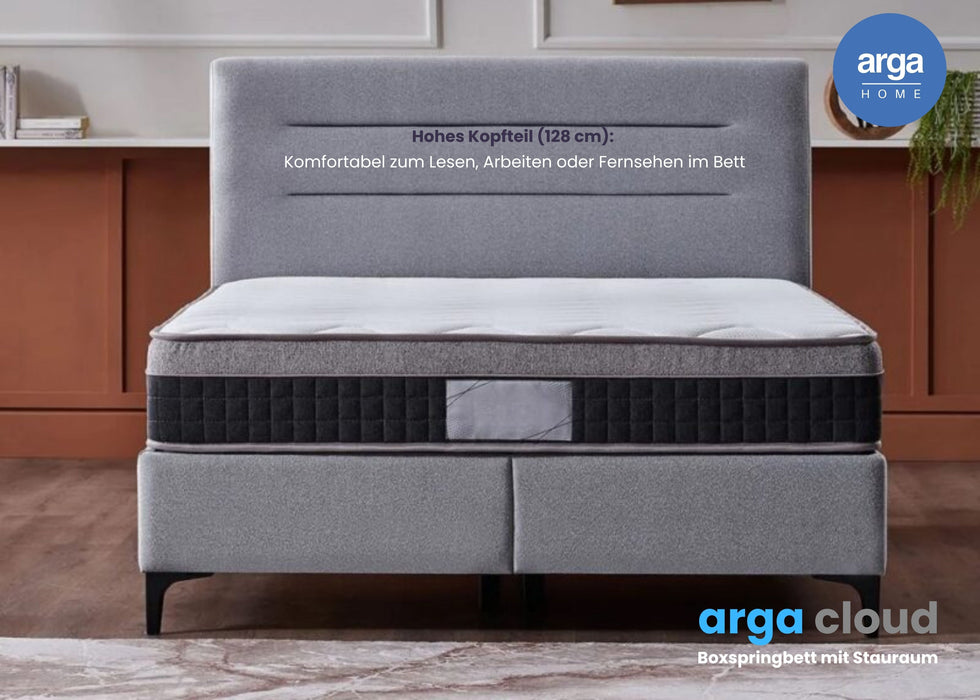 A CLOUD box spring bed with storage space &amp; 28 cm pocket spring mattress. Sturdy metal frame, certified according to FSC®, ZertiPur®, and Ökotex®.