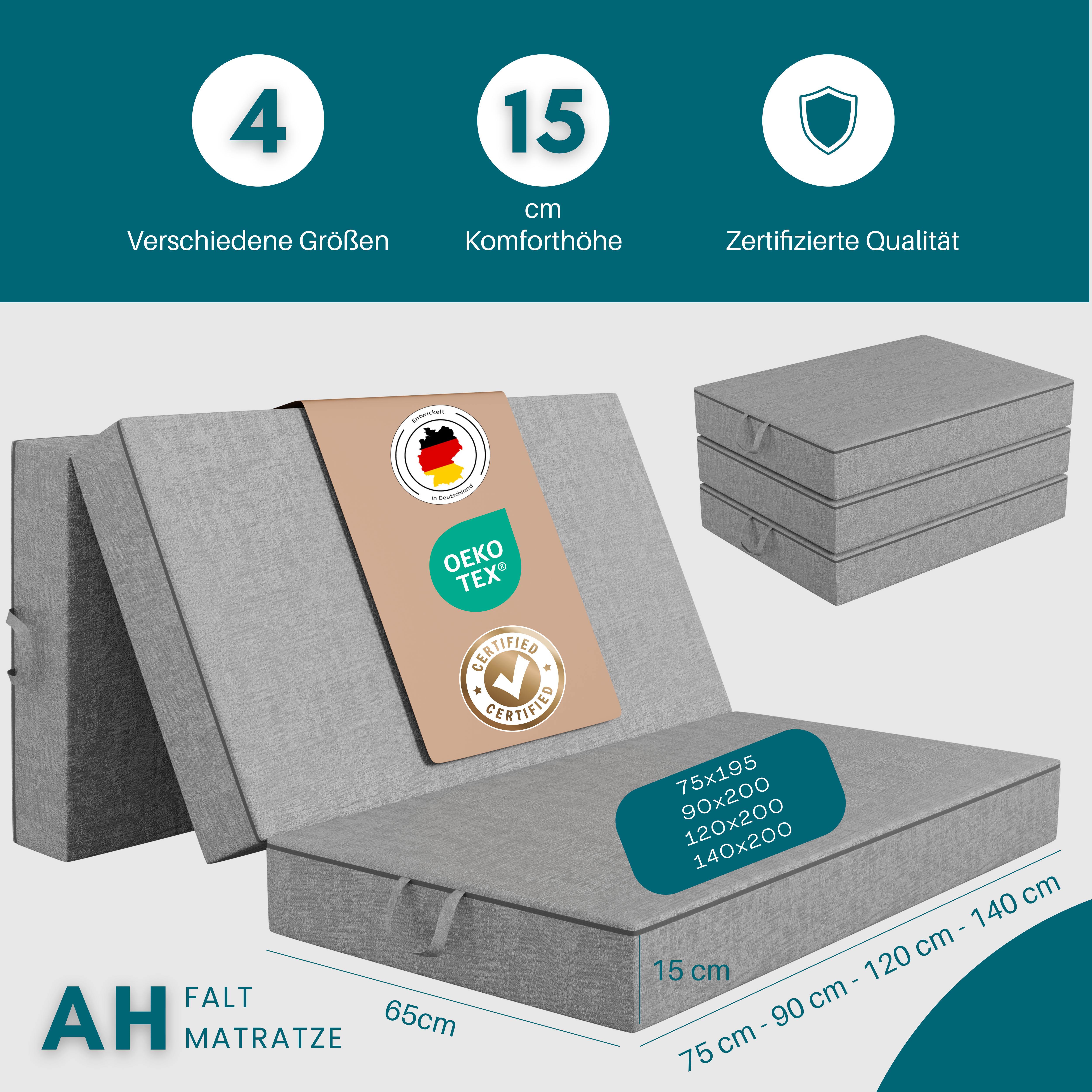 AH-FALT Klappmatratze – 15 cm Dick, Faltbare Kaltschaummatratze, Gästematratze