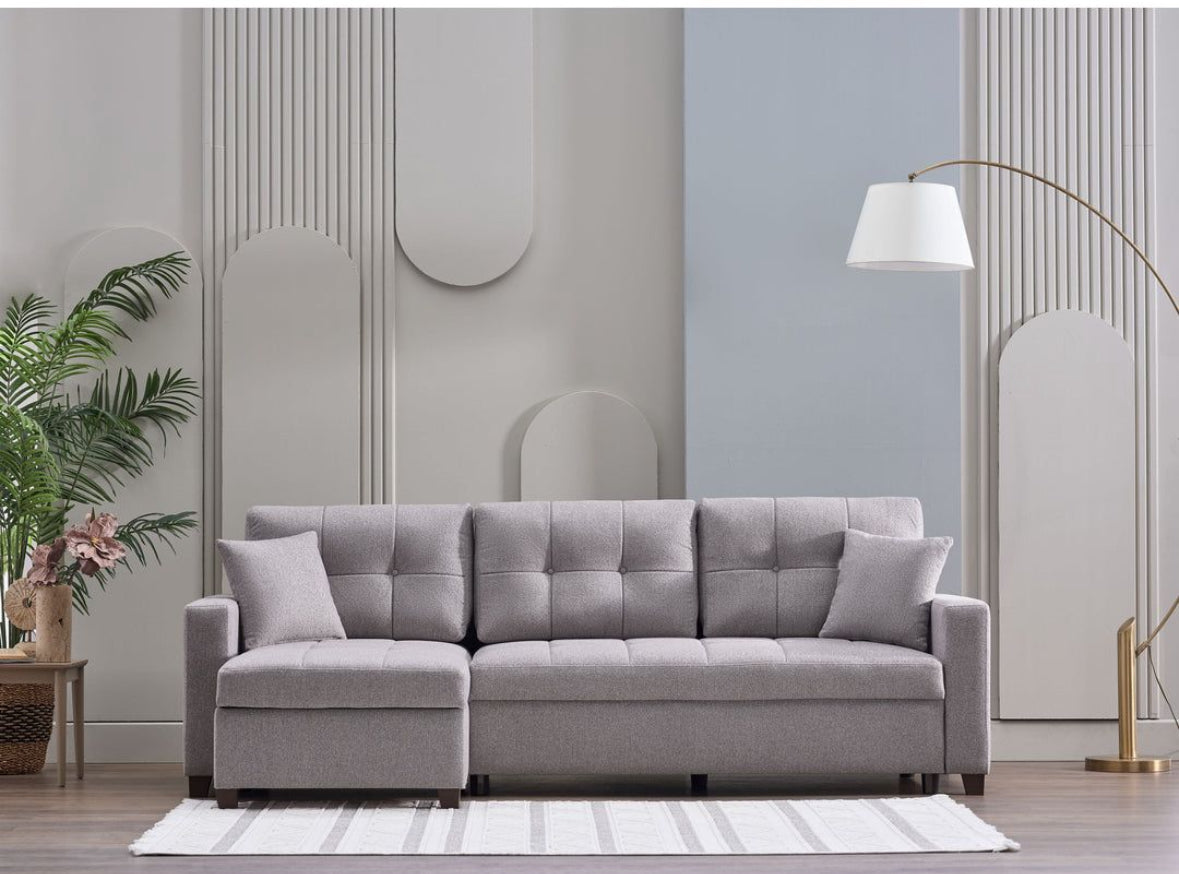 Mocca corner sofa with sleeping function and bed box, L-shaped, sofa bed with bed function, including 3 back cushions and 2 armrest cushions