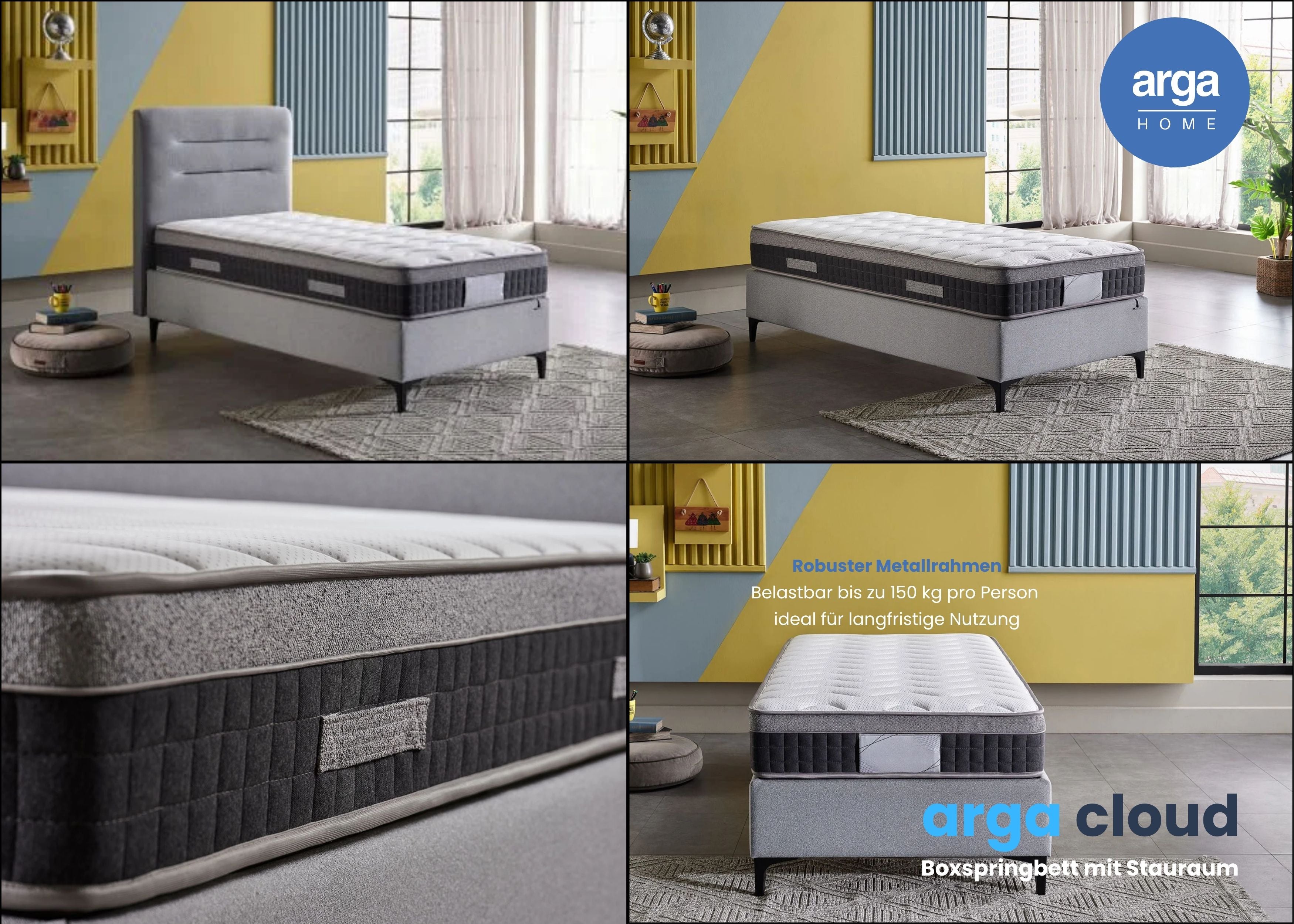 A CLOUD Boxspringbett mit Stauraum & 28 cm Pocket-Federkernmatratze. Stauraumbett Stabiler Metallrahmen