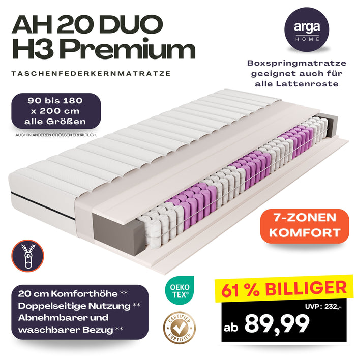 AH20 Ergonomische 7-Zonen Federkernmatratze Höhe 20 cm, Taschenfederkernmatratze, Wendematratze