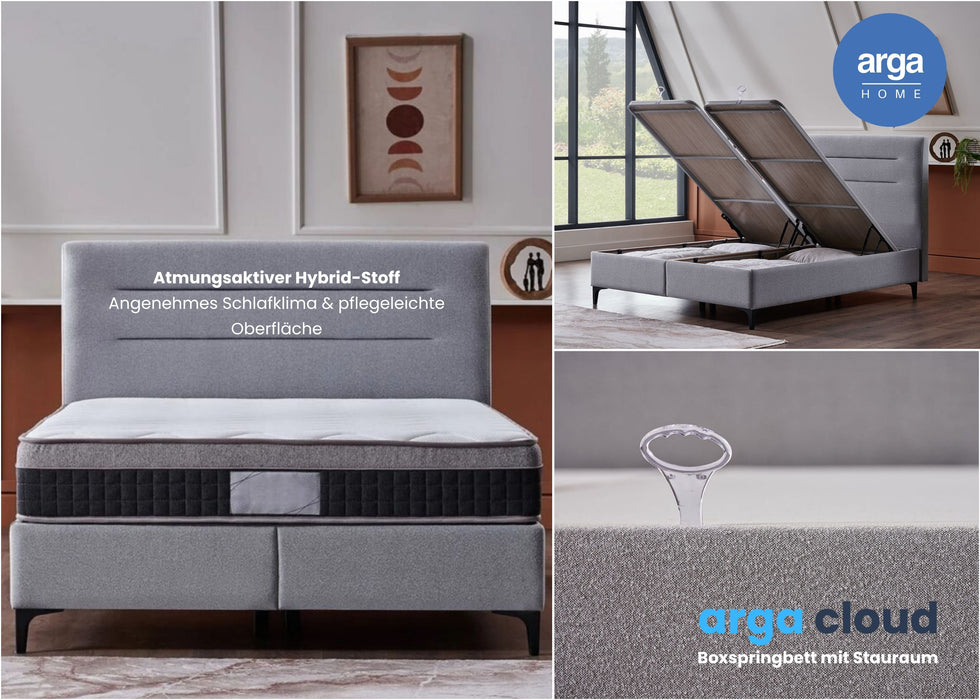 A CLOUD box spring bed with storage space &amp; 28 cm pocket spring mattress. Sturdy metal frame, certified according to FSC®, ZertiPur®, and Ökotex®.