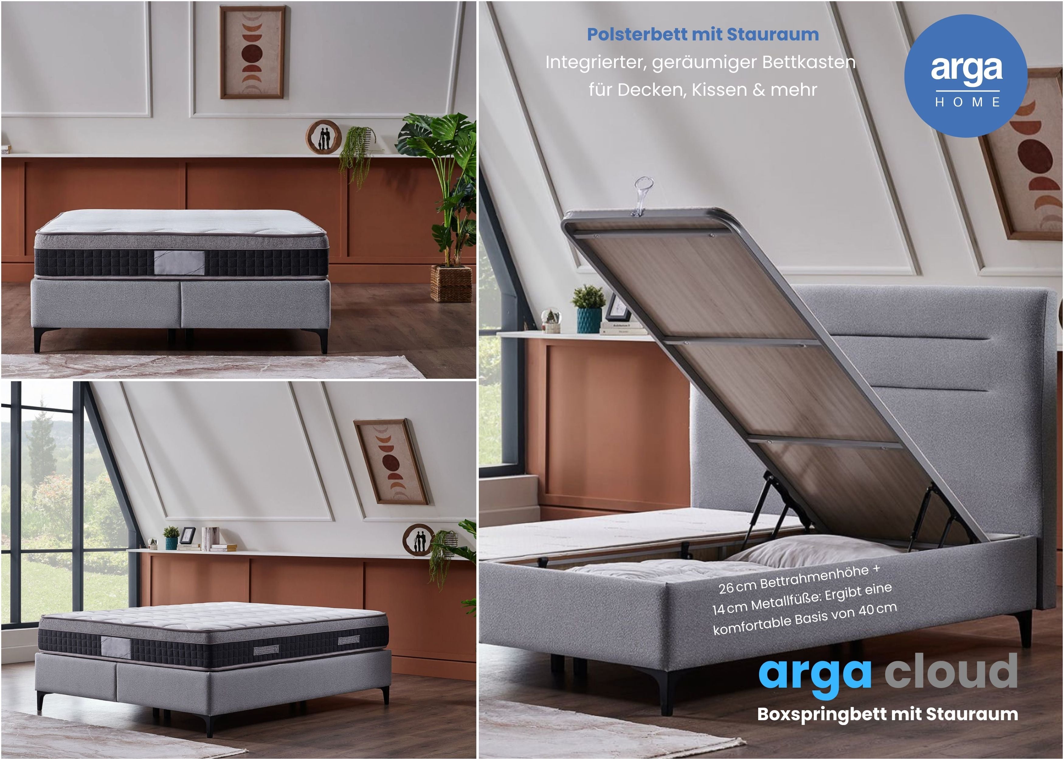 A CLOUD Boxspringbett mit Stauraum & 28 cm Pocket-Federkernmatratze. Stauraumbett Stabiler Metallrahmen